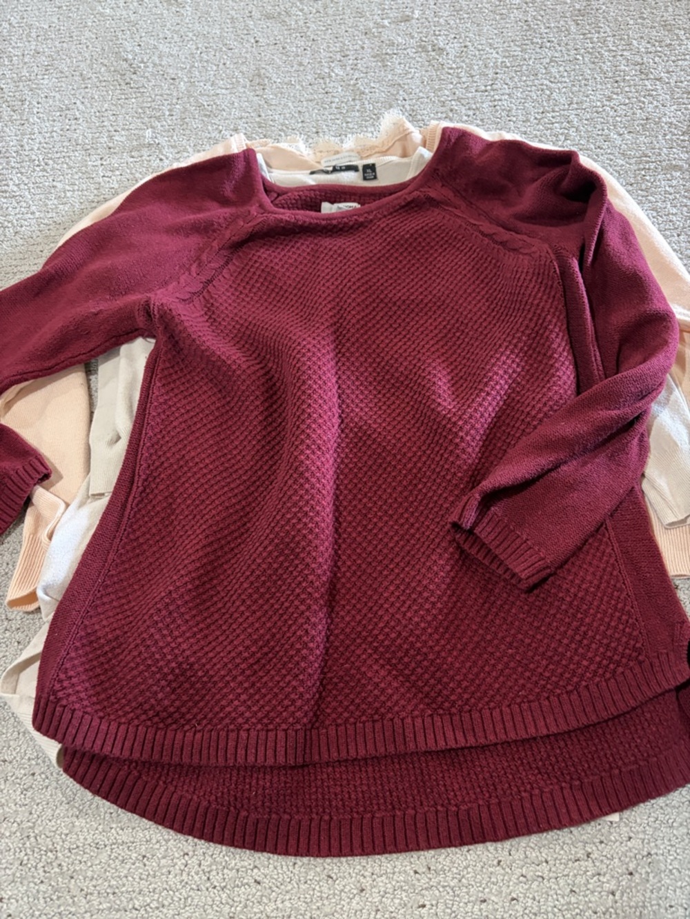 Cyrus Cream v Neck, Sonoma Burgundy, NY and Co Blush Sweater - Picture 3 of 9